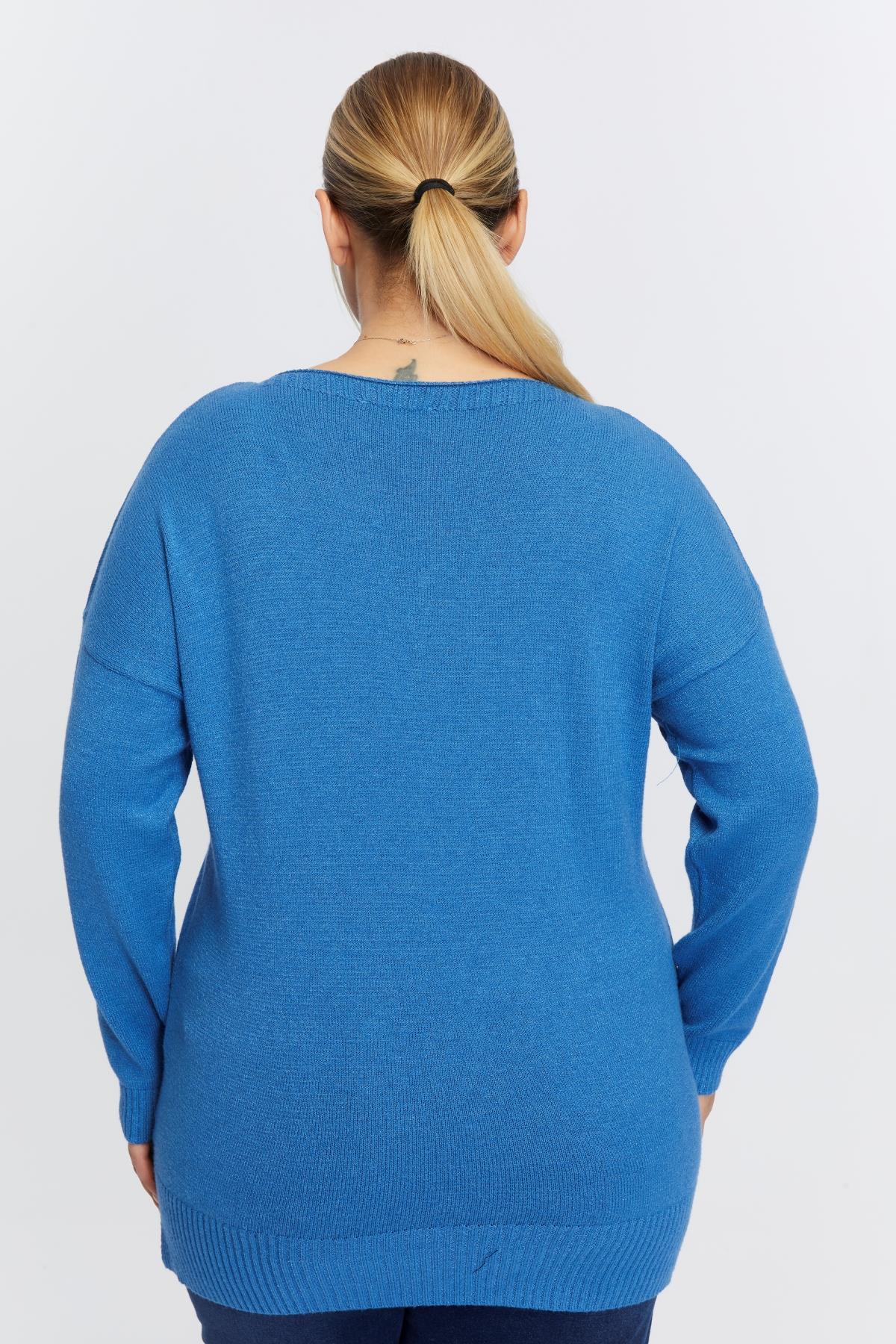 Büyük Beden Kayık Yaka Leopar Desen Baskılı Triko İndigo