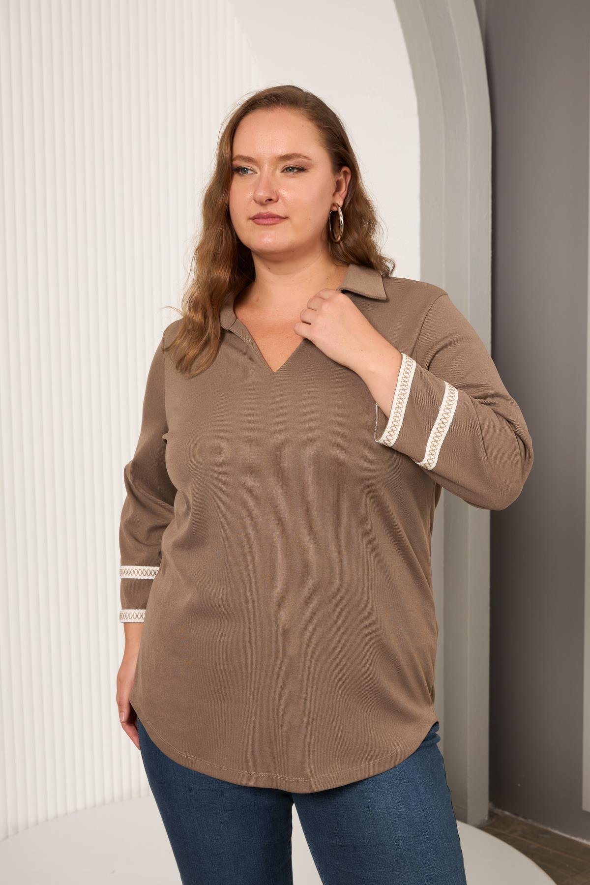 Büyük Beden Kol Nakış Detay Örme Bluz Vizon