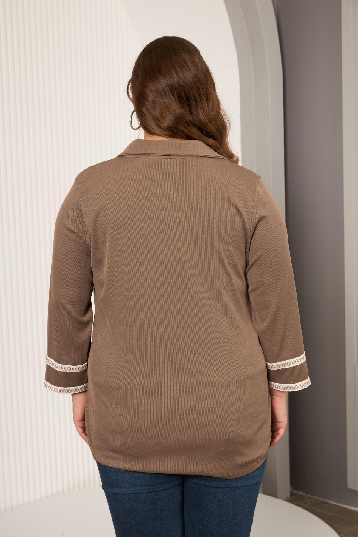 Büyük Beden Kol Nakış Detay Örme Bluz Vizon