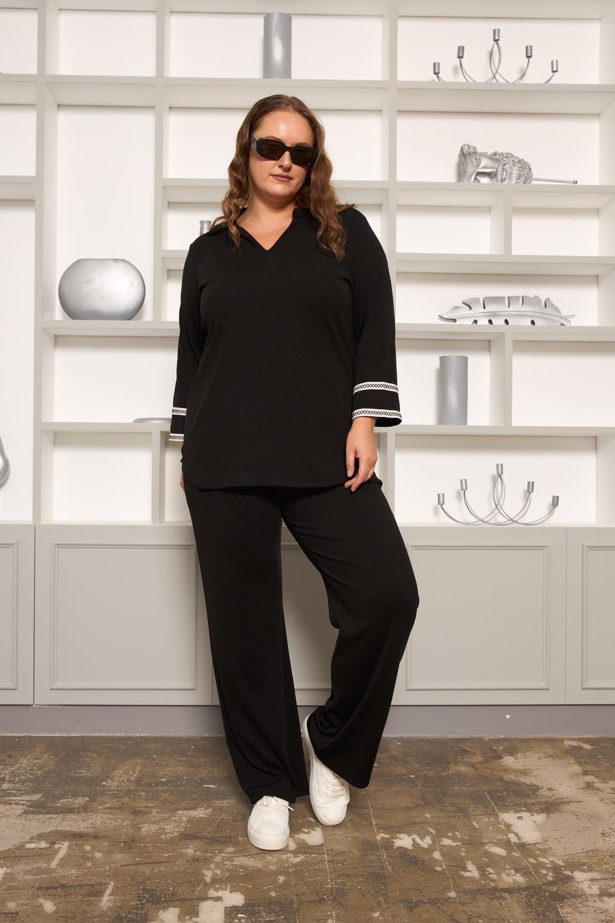 Büyük Beden Kol Nakış Detay Örme Bluz Siyah