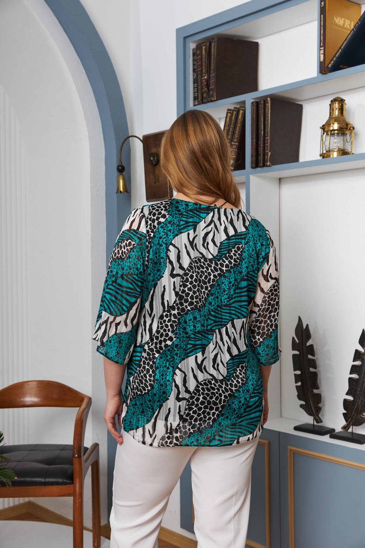 Büyük Beden Leopar Zebra Desen Şifon Bluz Yeşil