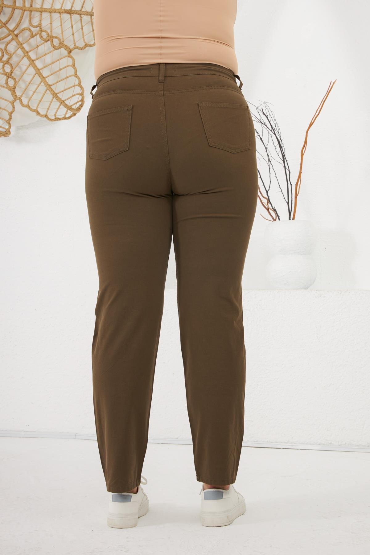 Büyük Beden Likrali Pantolon Haki