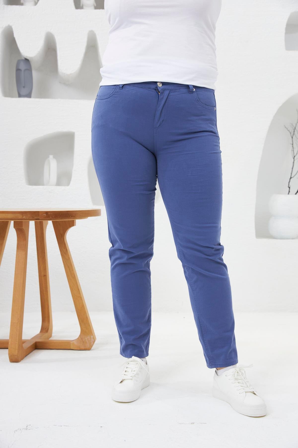 Büyük Beden Likrali Pantolon İndigo