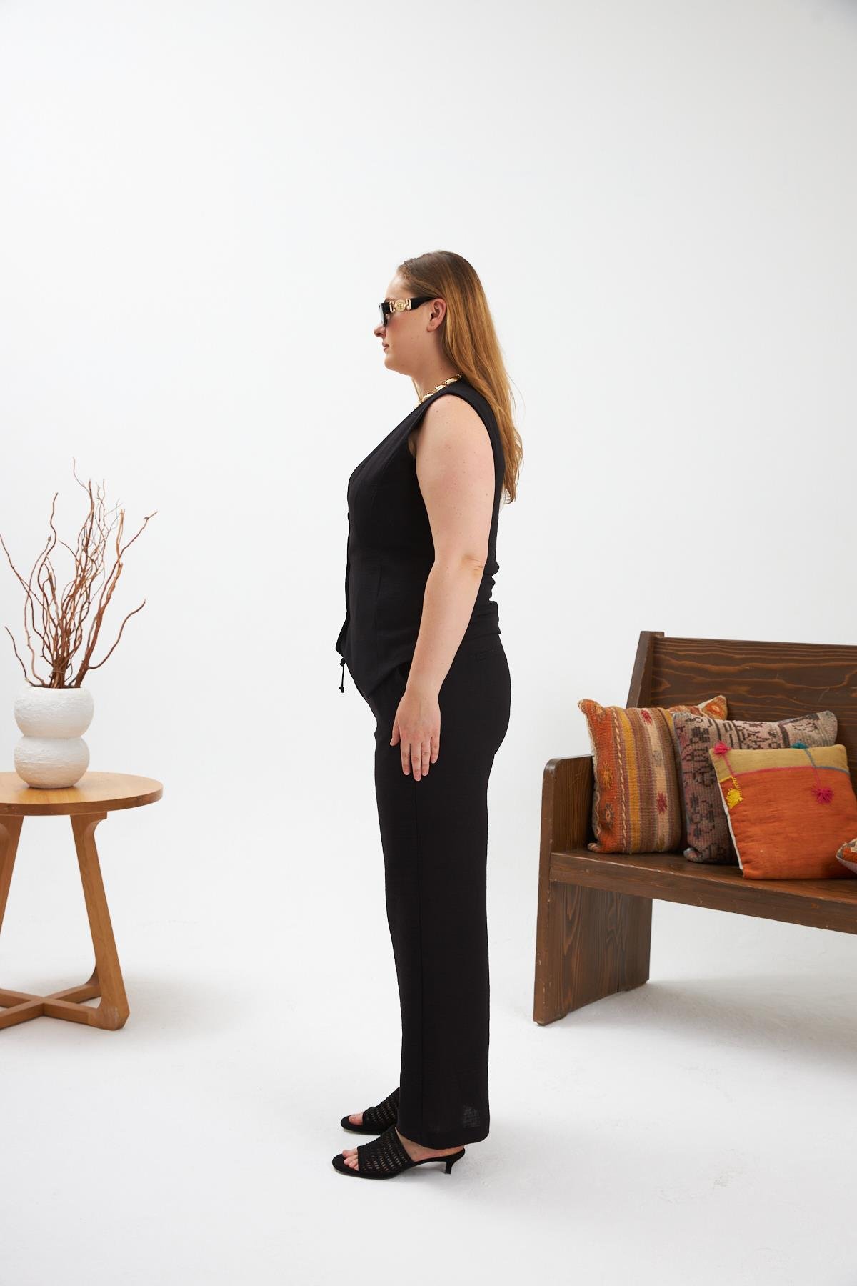 Büyük Beden Pantolon Yelek İkili Takım Siyah