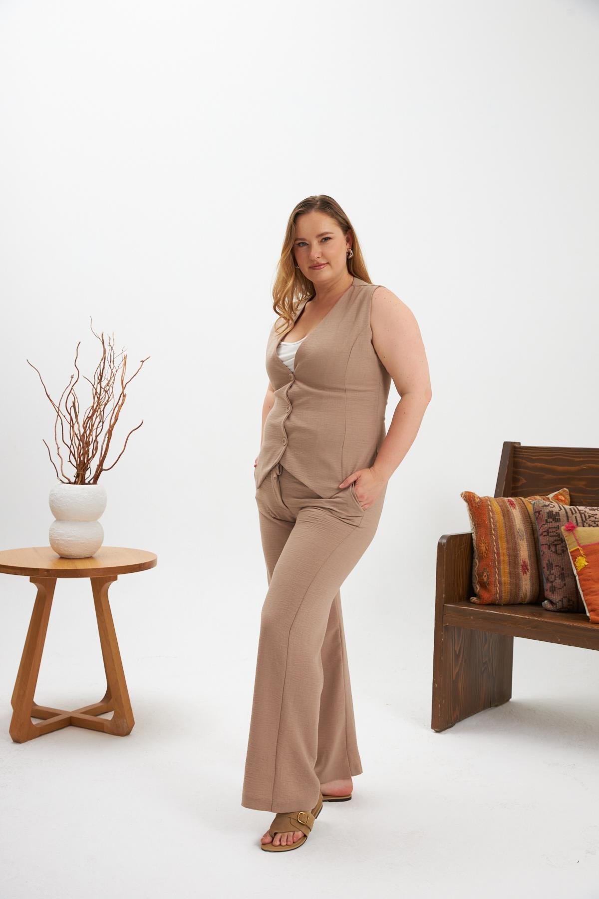 Büyük Beden Pantolon Yelek İkili Takım Vizon