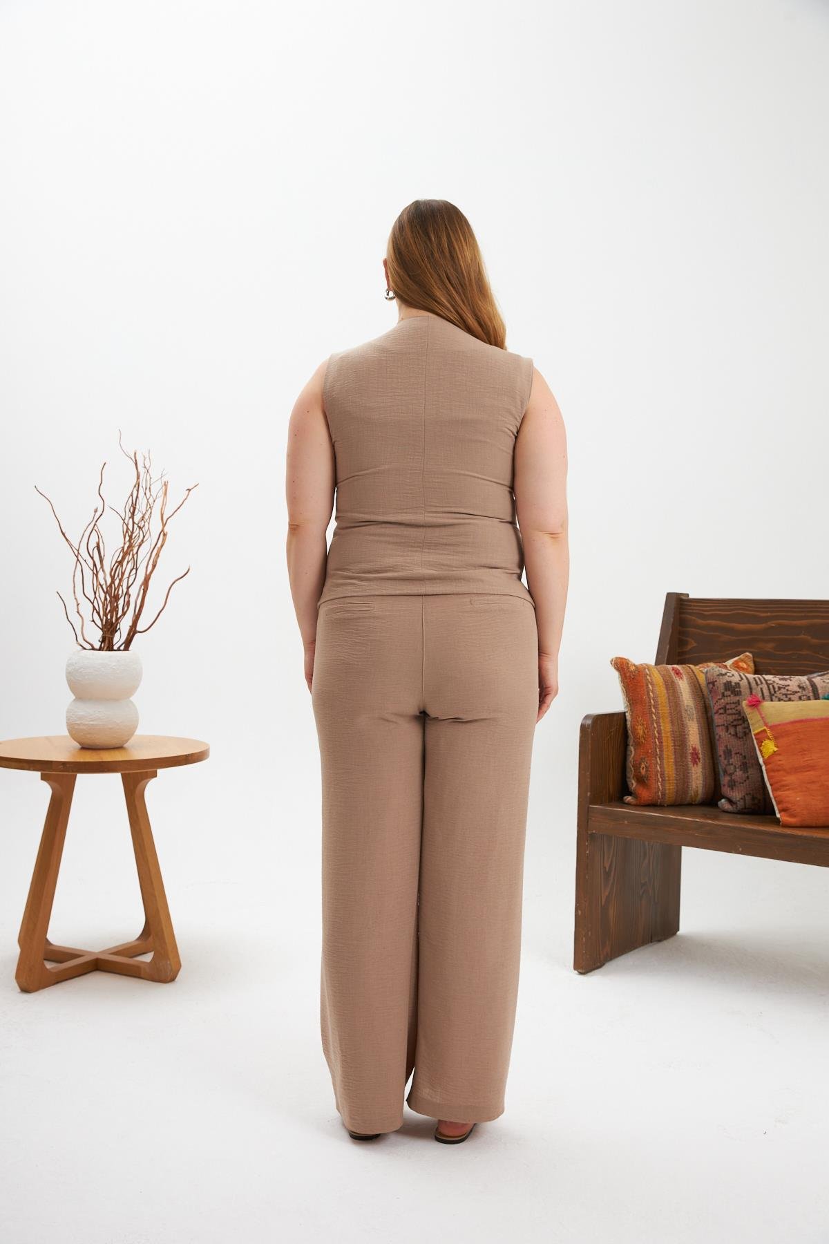 Büyük Beden Pantolon Yelek İkili Takım Vizon