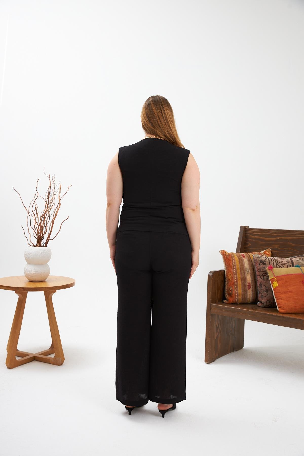 Büyük Beden Pantolon Yelek İkili Takım Siyah