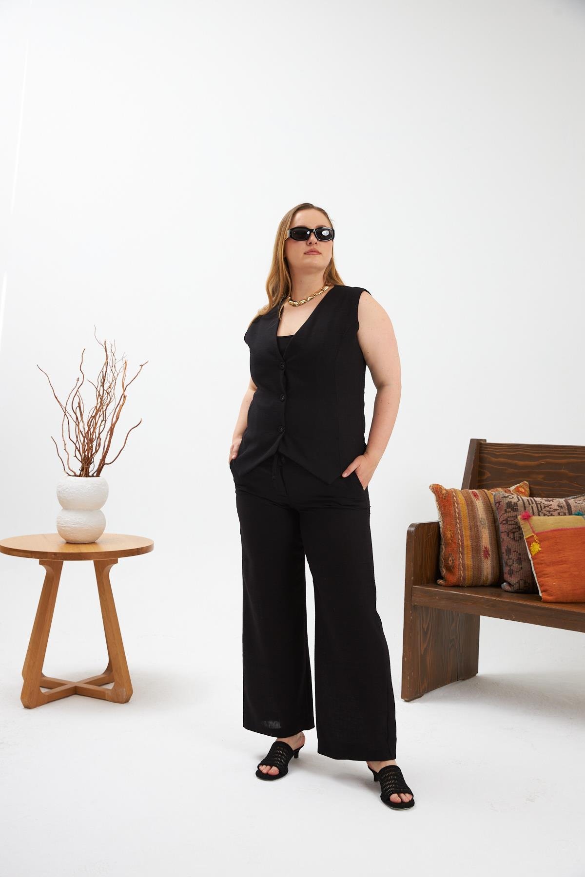 Büyük Beden Pantolon Yelek İkili Takım Siyah