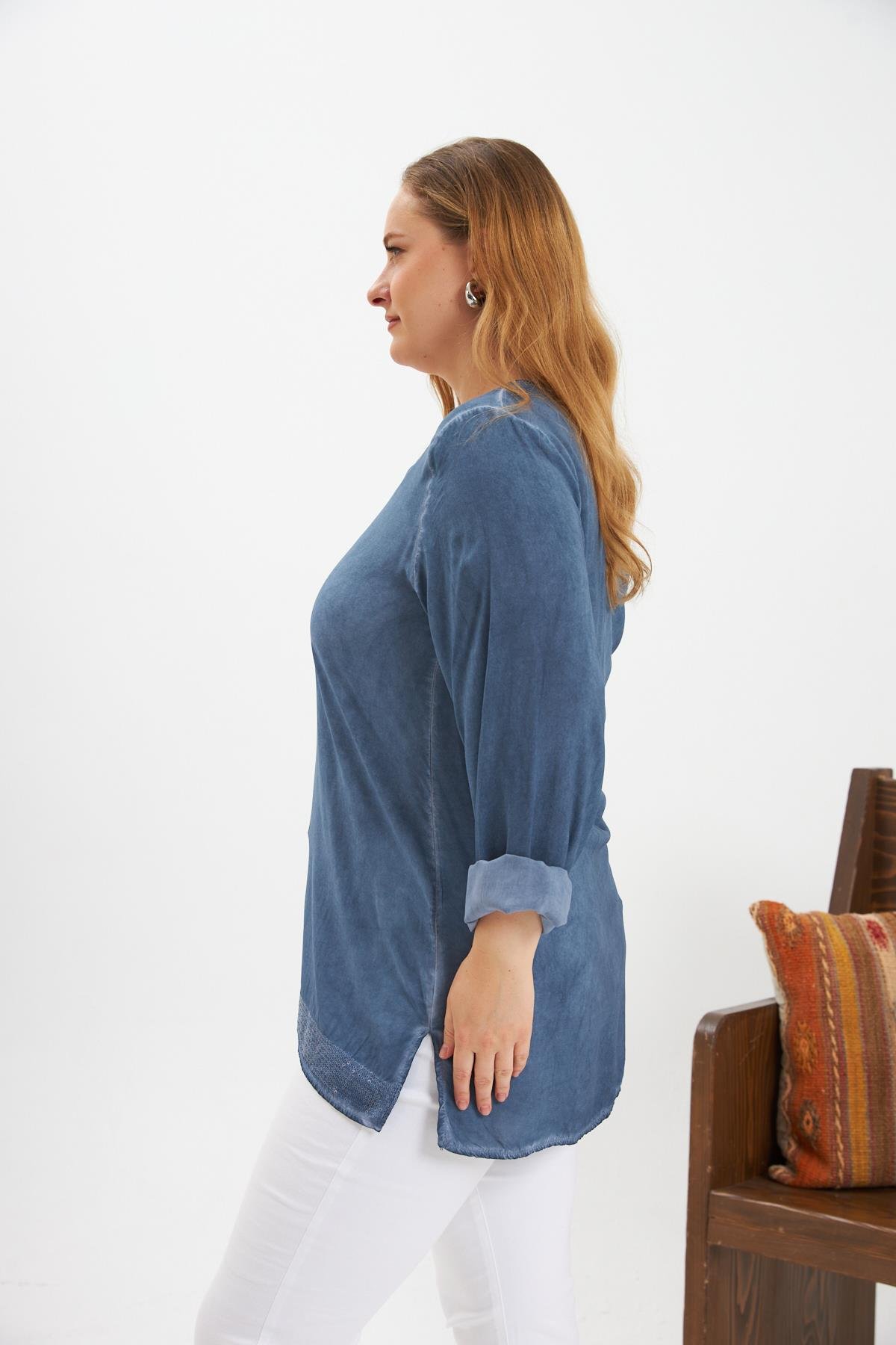 Büyük Beden Pul Payet Detay Bluz İndigo