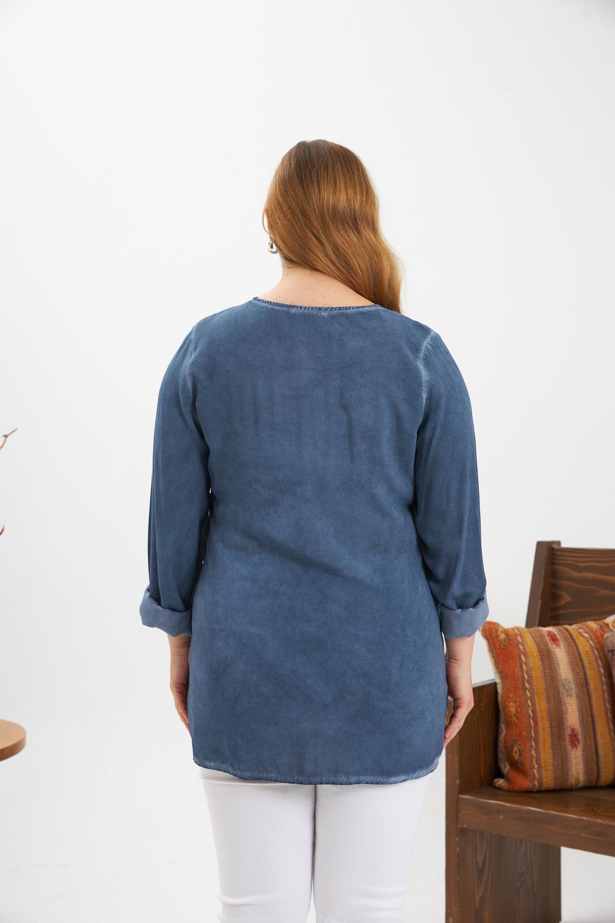 Büyük Beden Pul Payet Detay Bluz İndigo