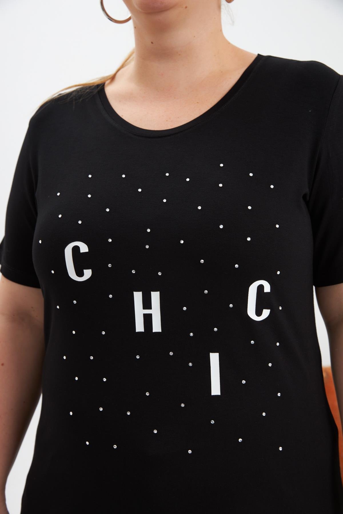 Büyük Beden Taş Detay Baskılı Tişört Siyah