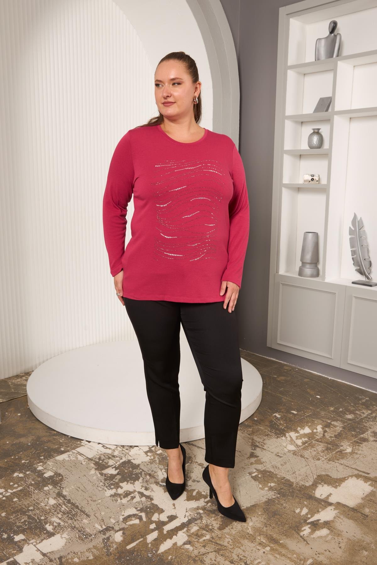 Büyük Beden Taş Detay Bluz Violet