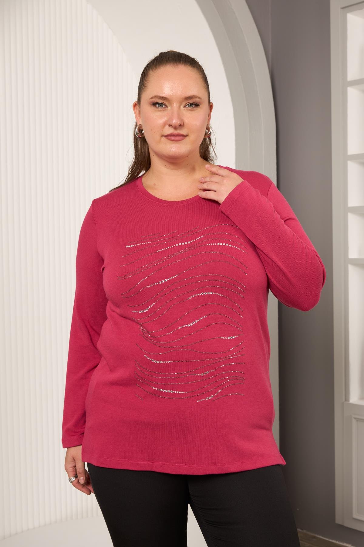 Büyük Beden Taş Detay Bluz Violet