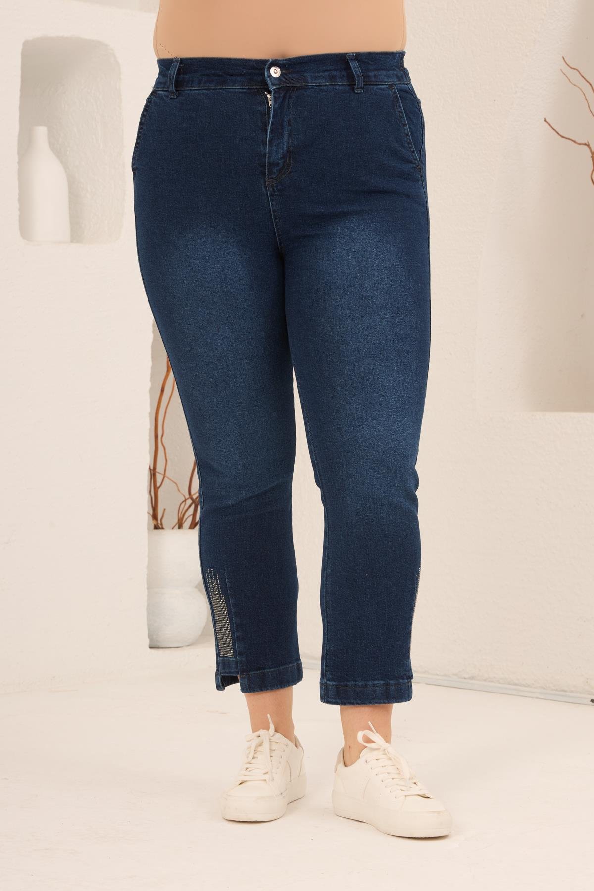 Büyük Beden Taş Detay Denim Pantolon Lacivert - RMG