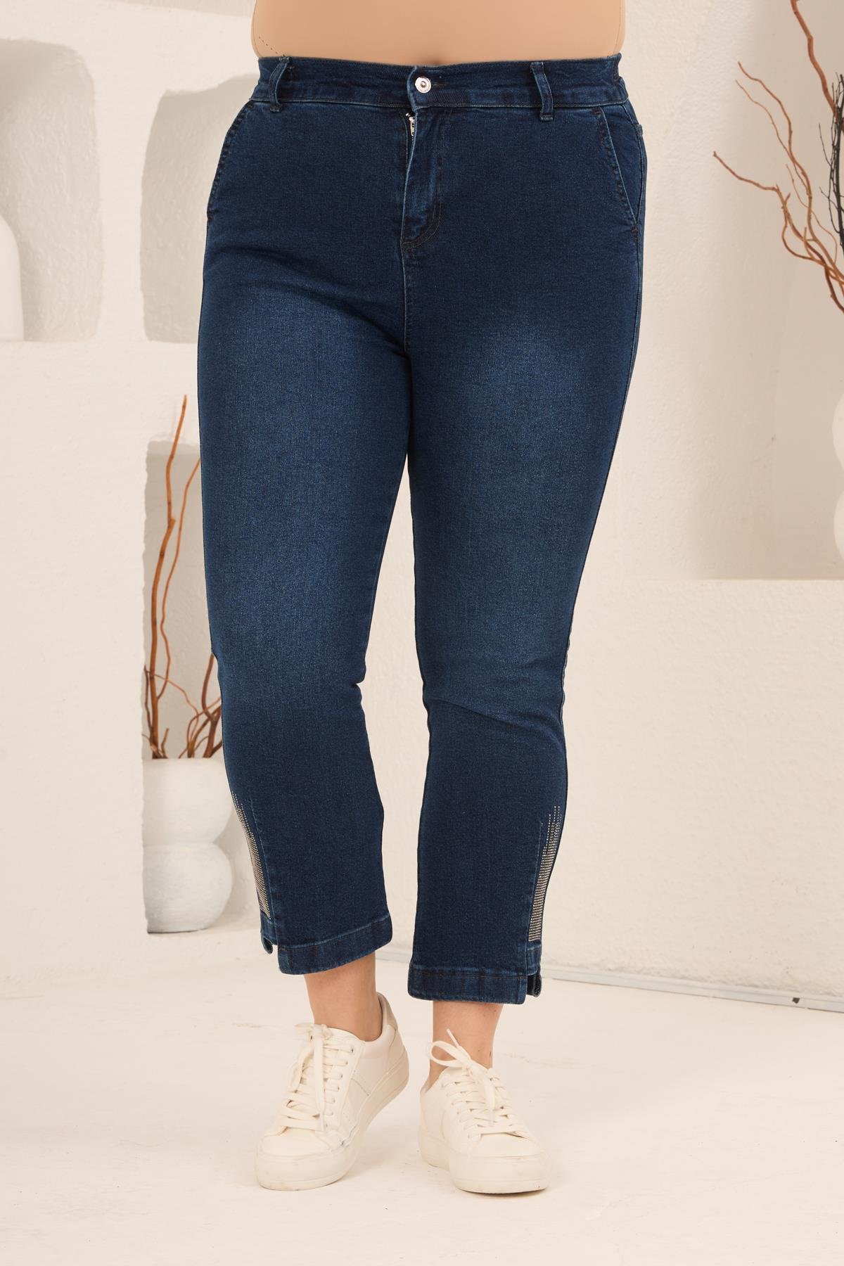 Büyük Beden Taş Detay Denim Pantolon Lacivert - RMG
