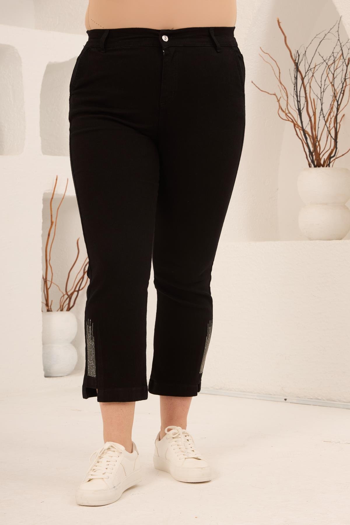 Büyük Beden Taş Detay Denim Pantolon Siyah - RMG