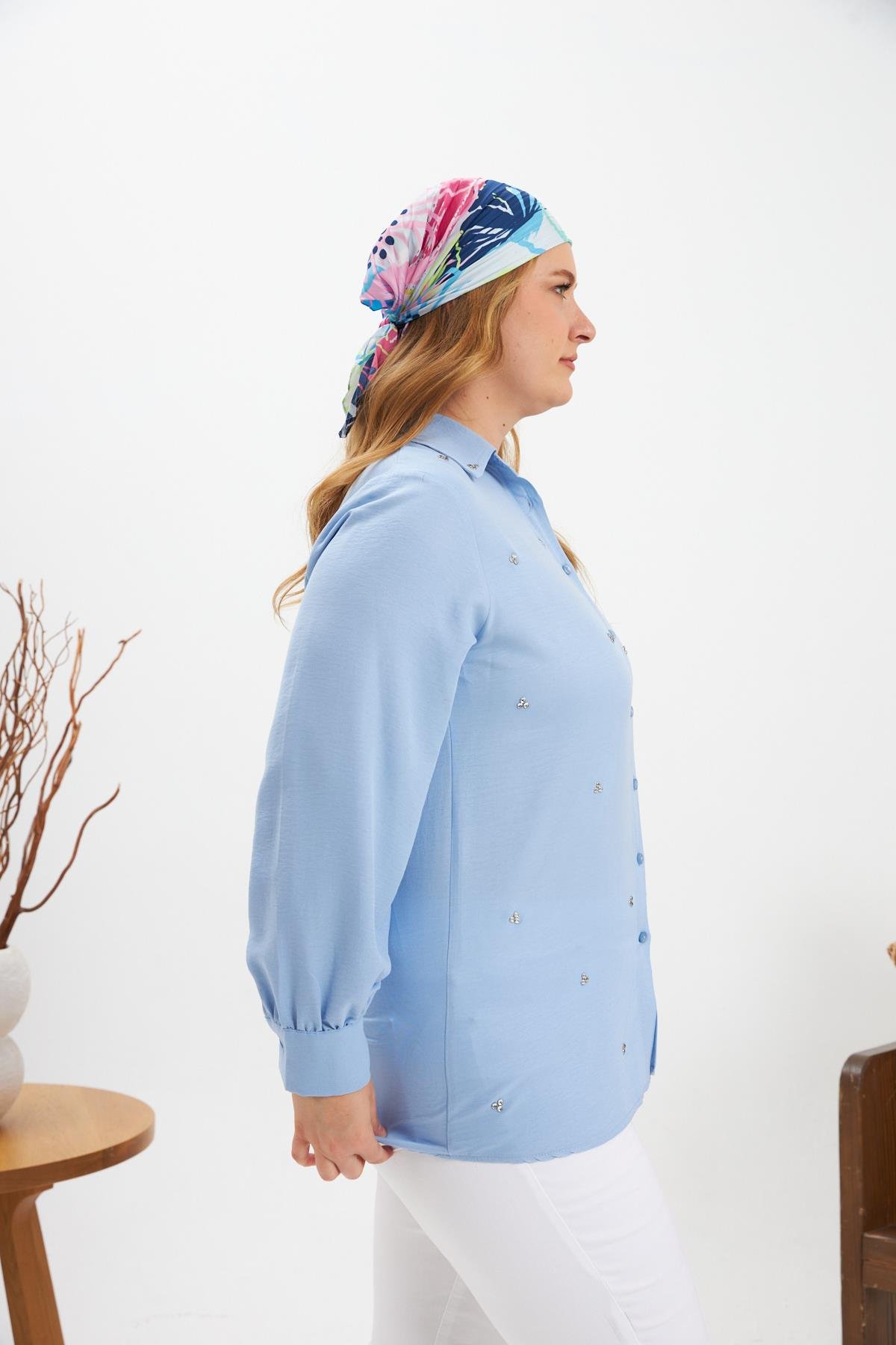 Büyük Beden Taş Detay Gömlek Bebe Mavi