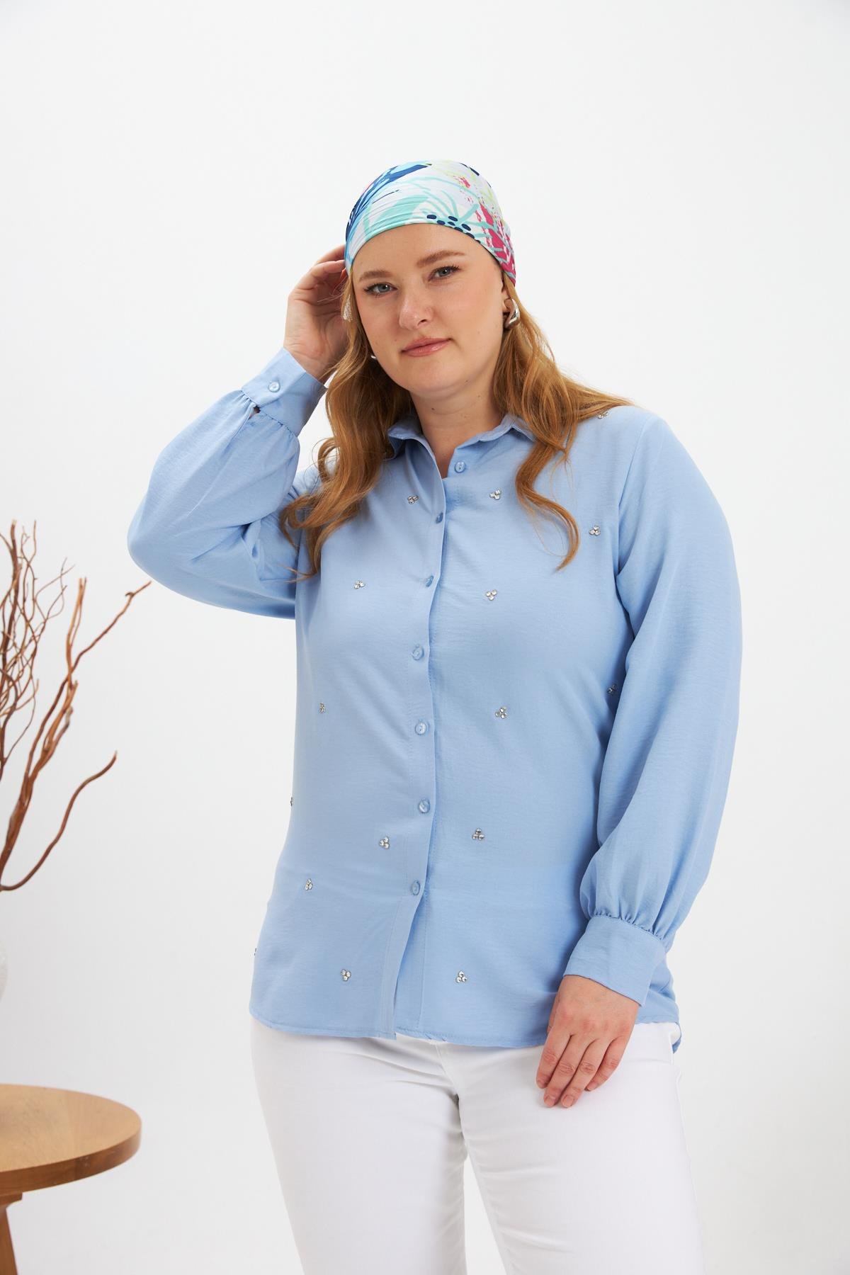 Büyük Beden Taş Detay Gömlek Bebe Mavi