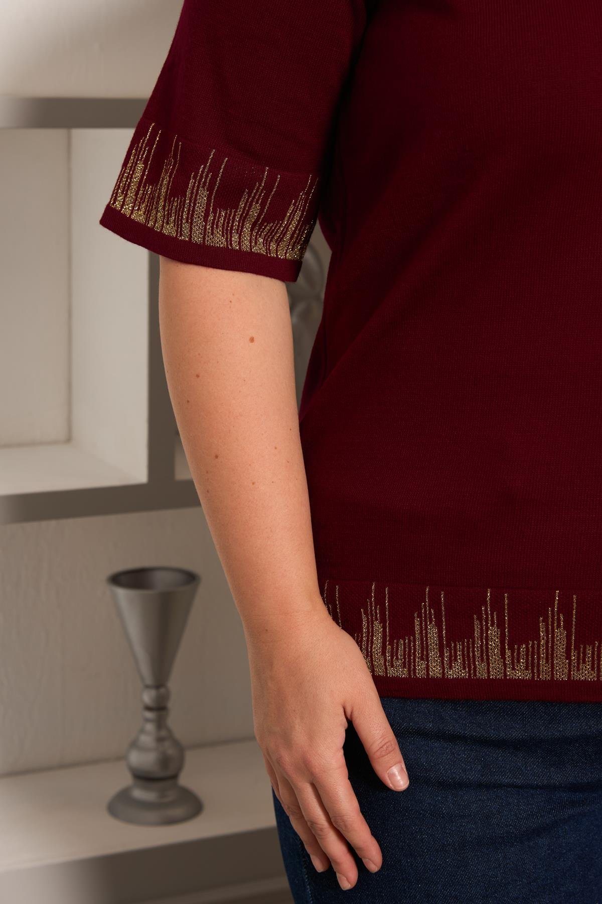 Büyük Beden Triko Kısa Kol Kazak Bordo