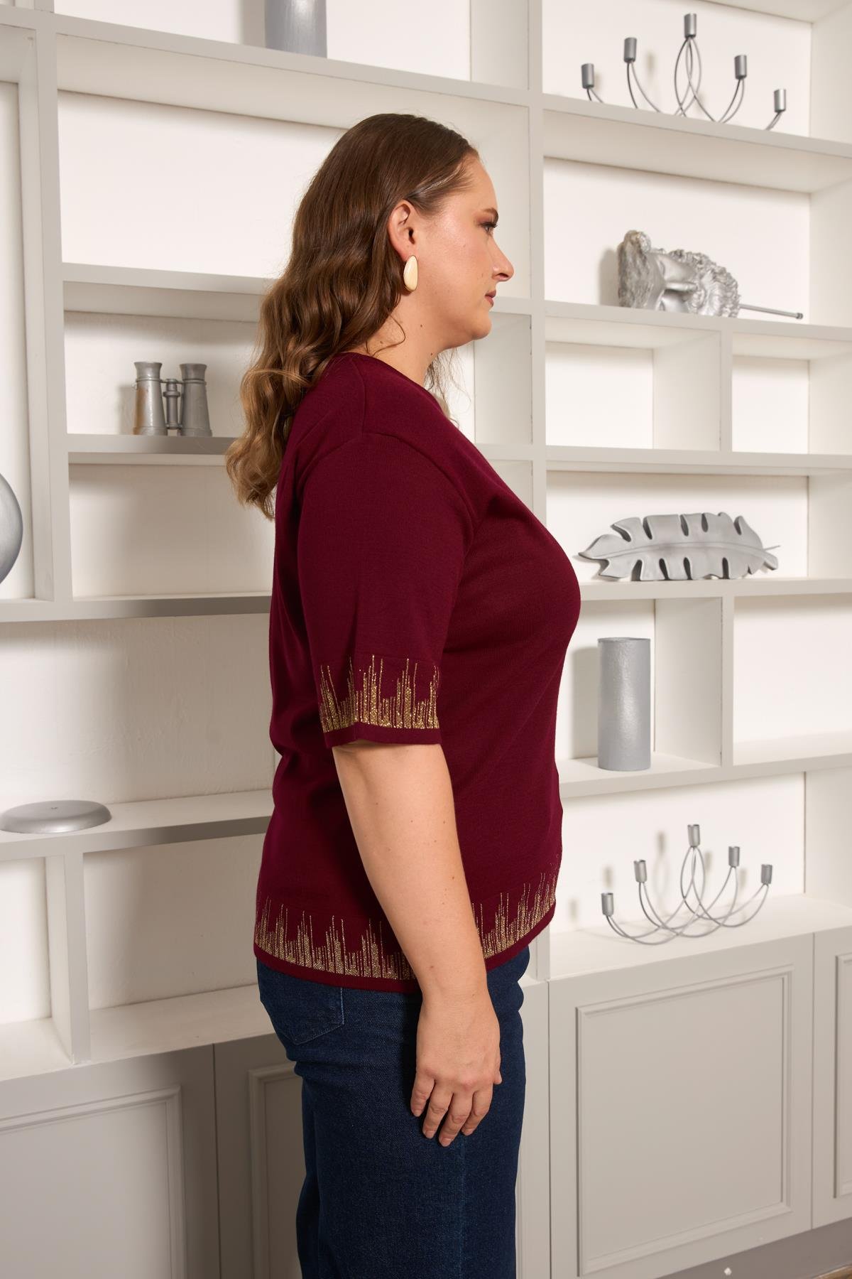 Büyük Beden Triko Kısa Kol Kazak Bordo