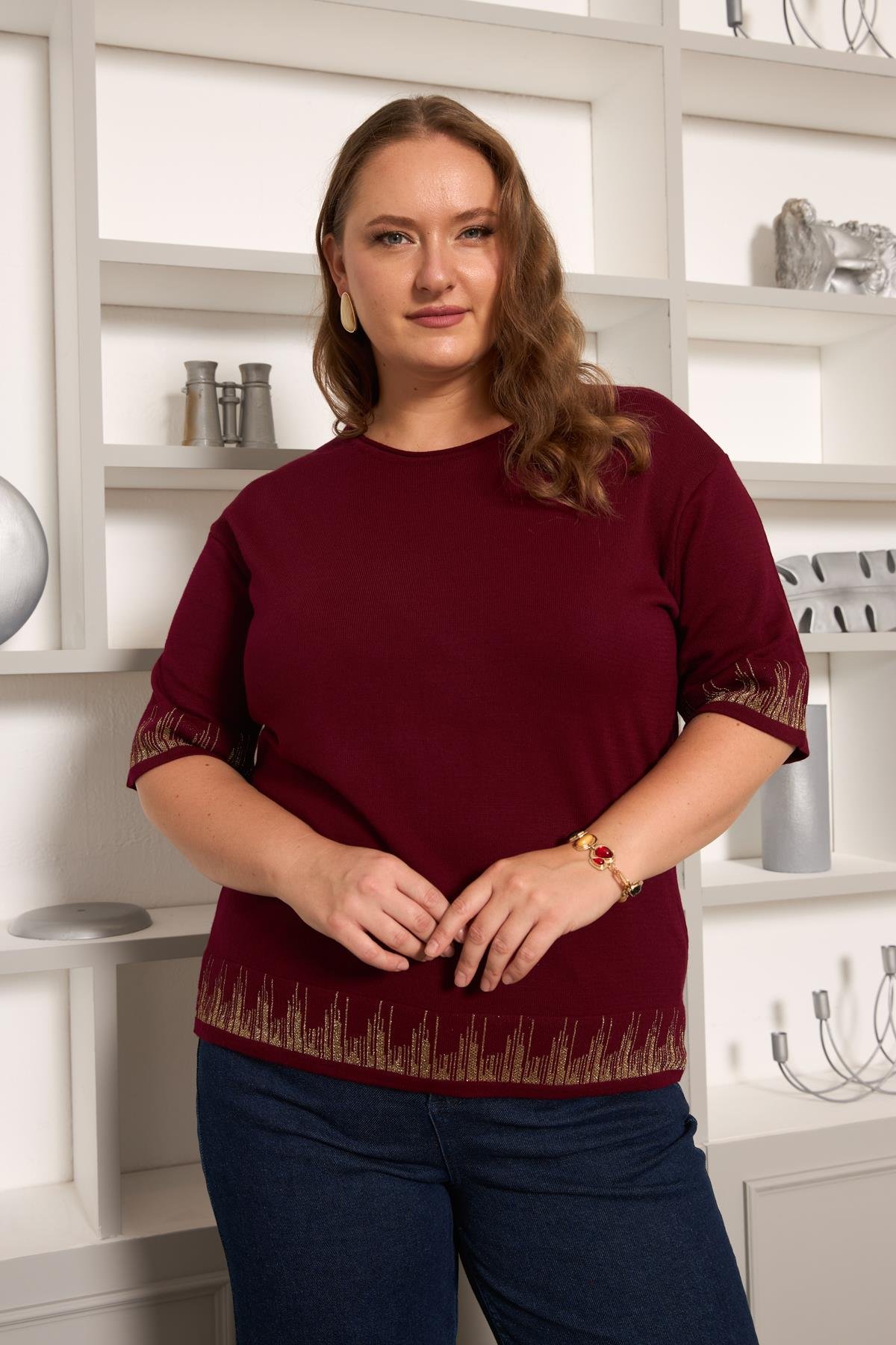 Büyük Beden Triko Kısa Kol Kazak Bordo