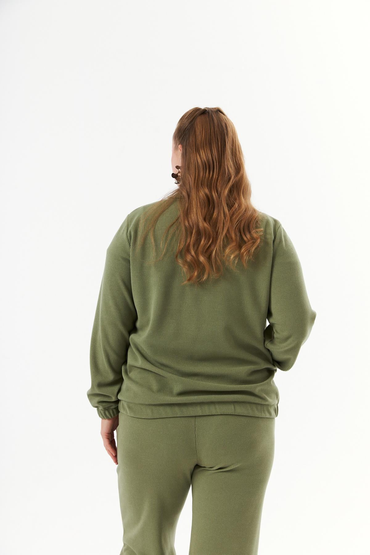 Büyük Beden Yakası Fermuarlı Sweatshirt Haki
