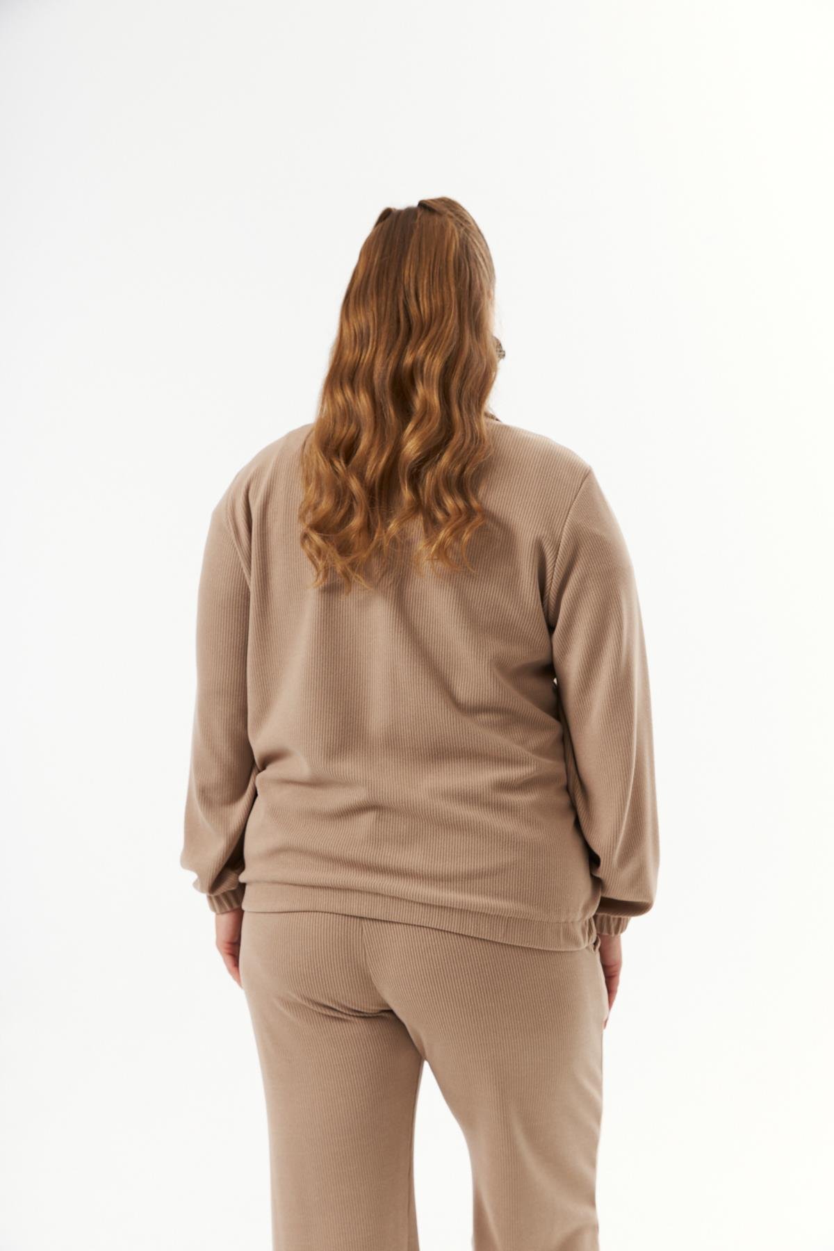 Büyük Beden Yakası Fermuarlı Sweatshirt Vizon
