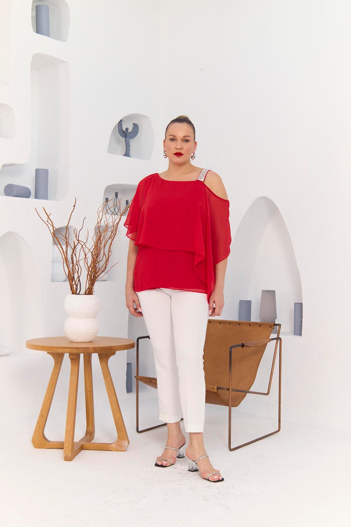 Rmg Omuz Taş Detay İçlikli Şifon Büyük Beden Bluz Mercan