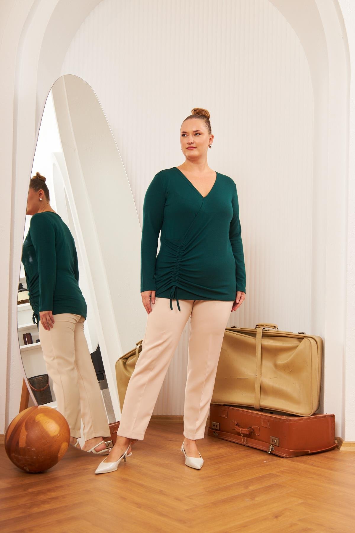 Büyük Beden V Yaka Triko Bluz Zümrüt