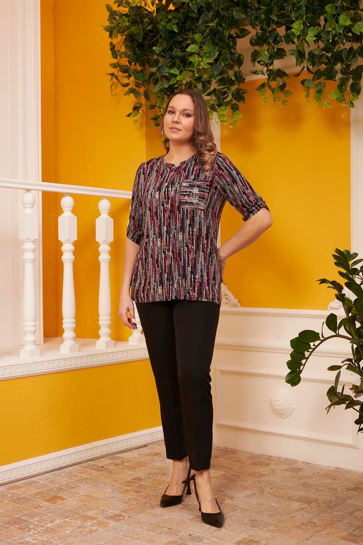 Rmg Cep Taş Detaylı Desenli Büyük Beden Bordo Gömlek