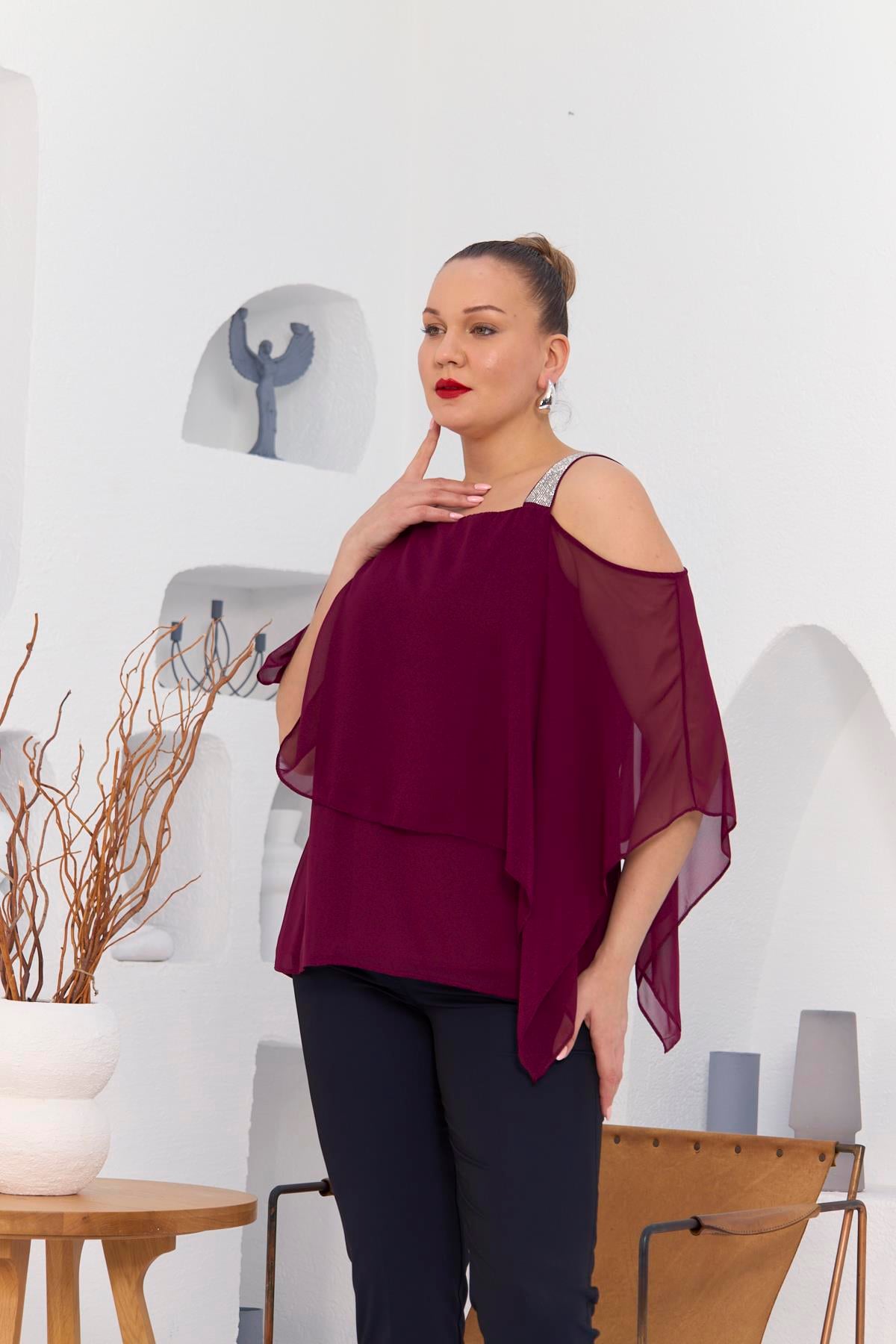 Rmg Omuz Taş Detay İçlikli Şifon Büyük Beden Bluz Violet