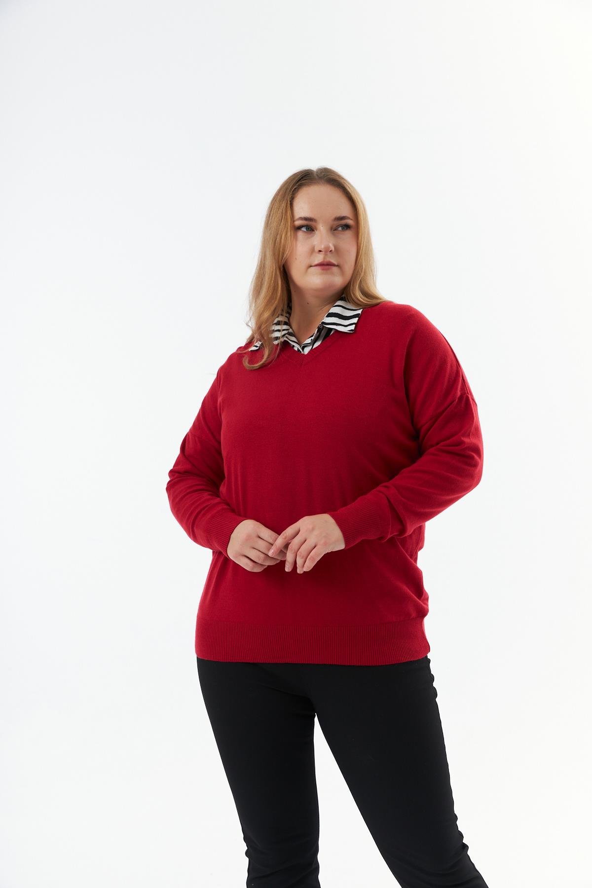 Büyük Beden V Yaka Triko Kazak Kırmızı