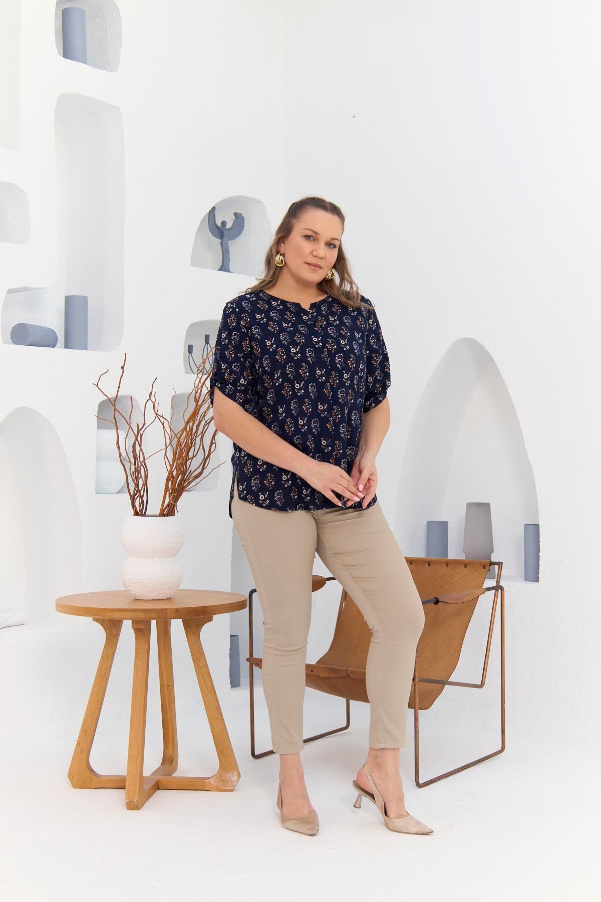 Rmg Hakim Yaka Desenli Büyük Beden Lacivert Gömlek