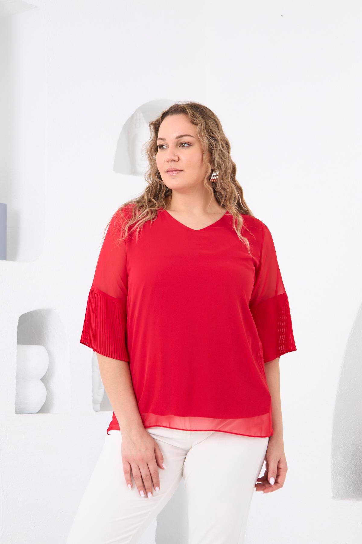 Rmg Kolları Piliseli Büyük Beden Bebe Mercan Bluz