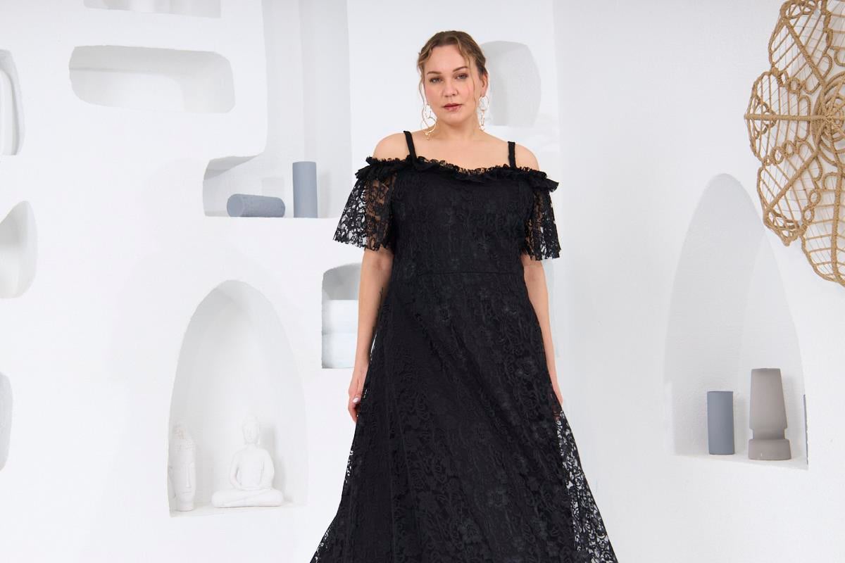 RMG Dantel Astarlı Omuz Detay Büyük Beden Elbise Siyah