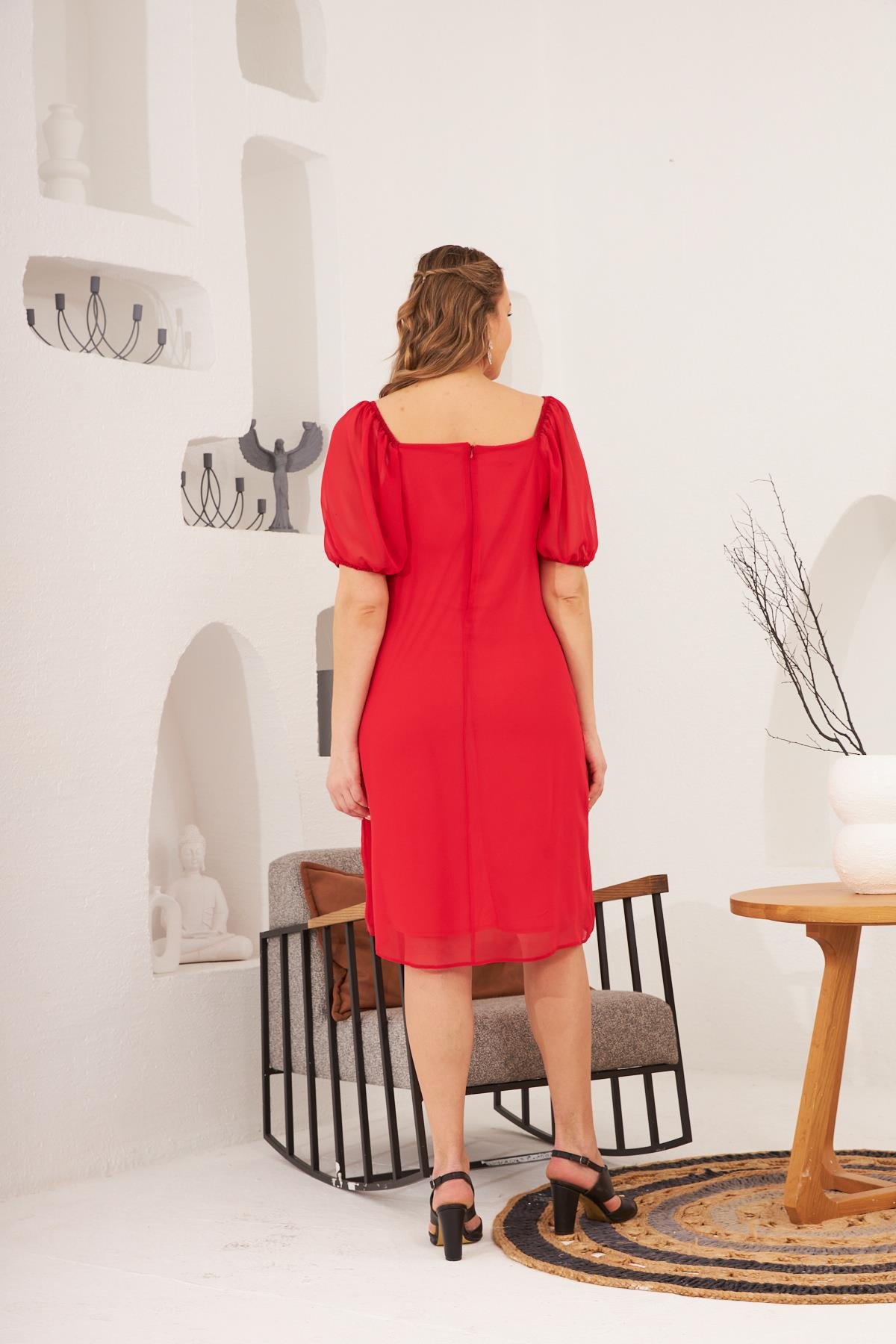 Rmg Kol ve Omuz Lastikli Büyük Beden Astarlı Şifon Nar Elbise