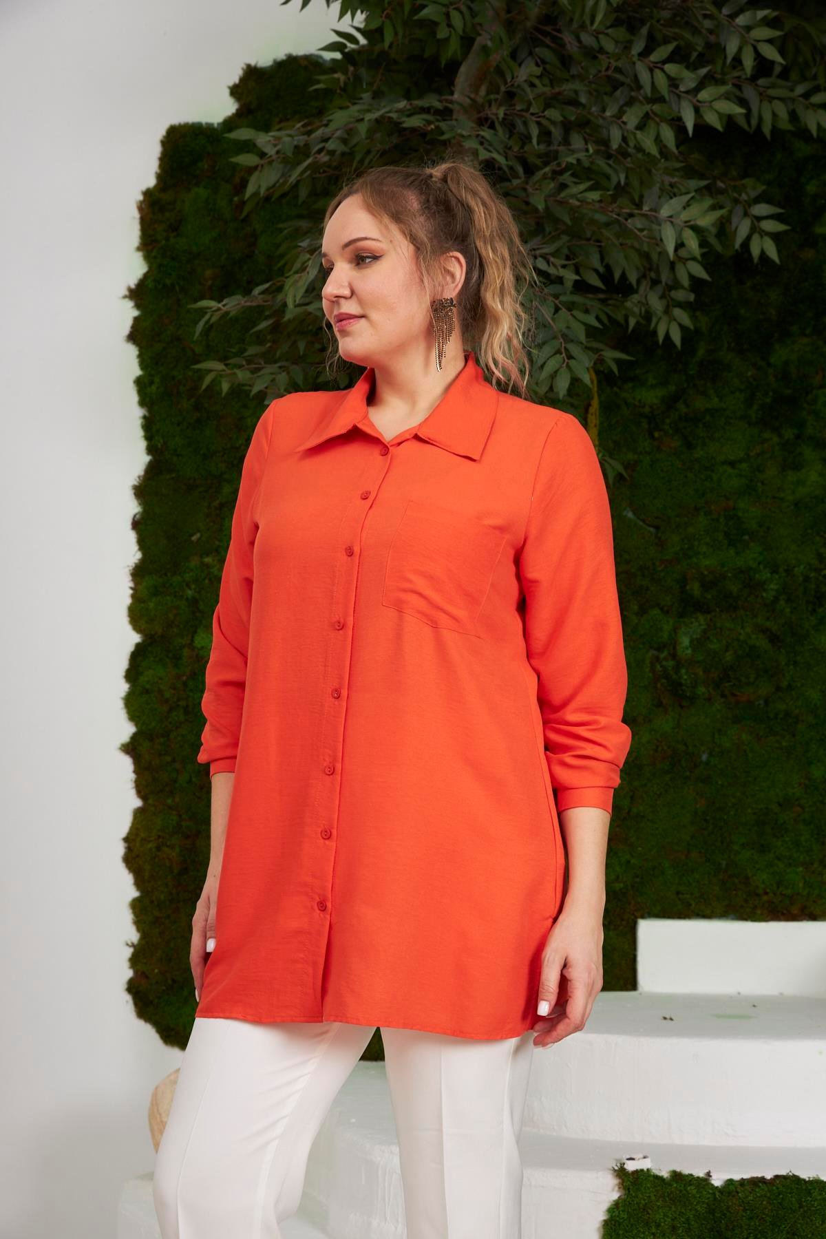 Rmg Yanları Yırtmaç Detaylı Büyük Beden Turuncu Gömlek