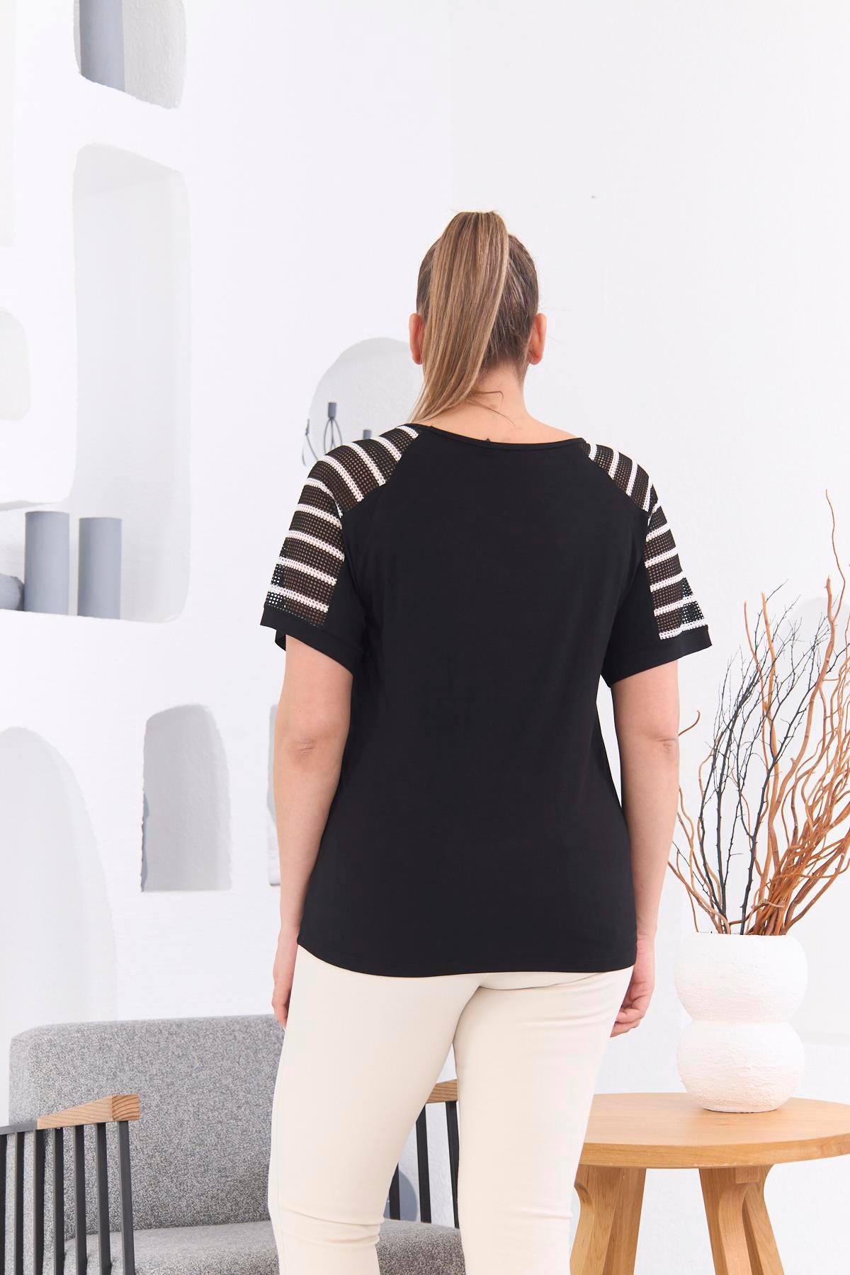 Rmg Omuz File Detaylı Büyük Beden Siyah Tişört