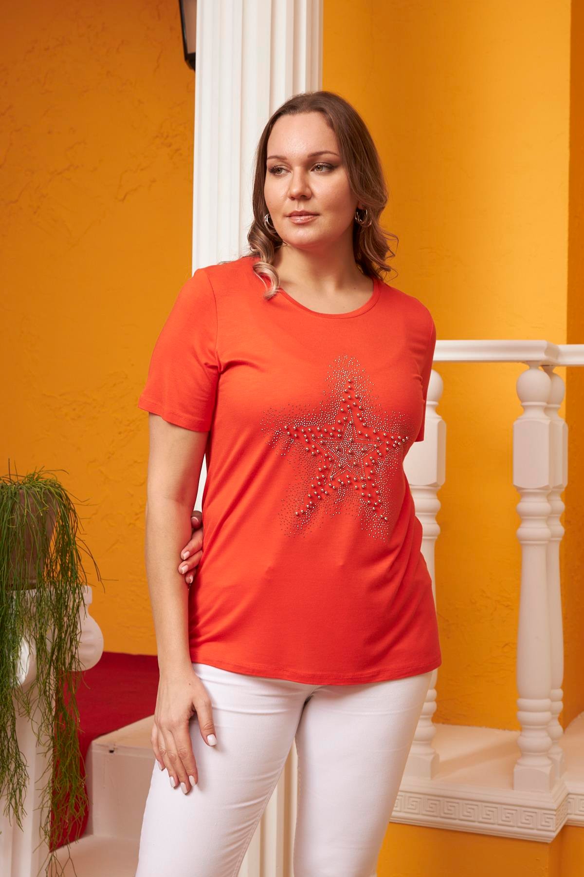 Rmg Yıldız Taş İşlemeli Büyük Beden Mercan Tişört