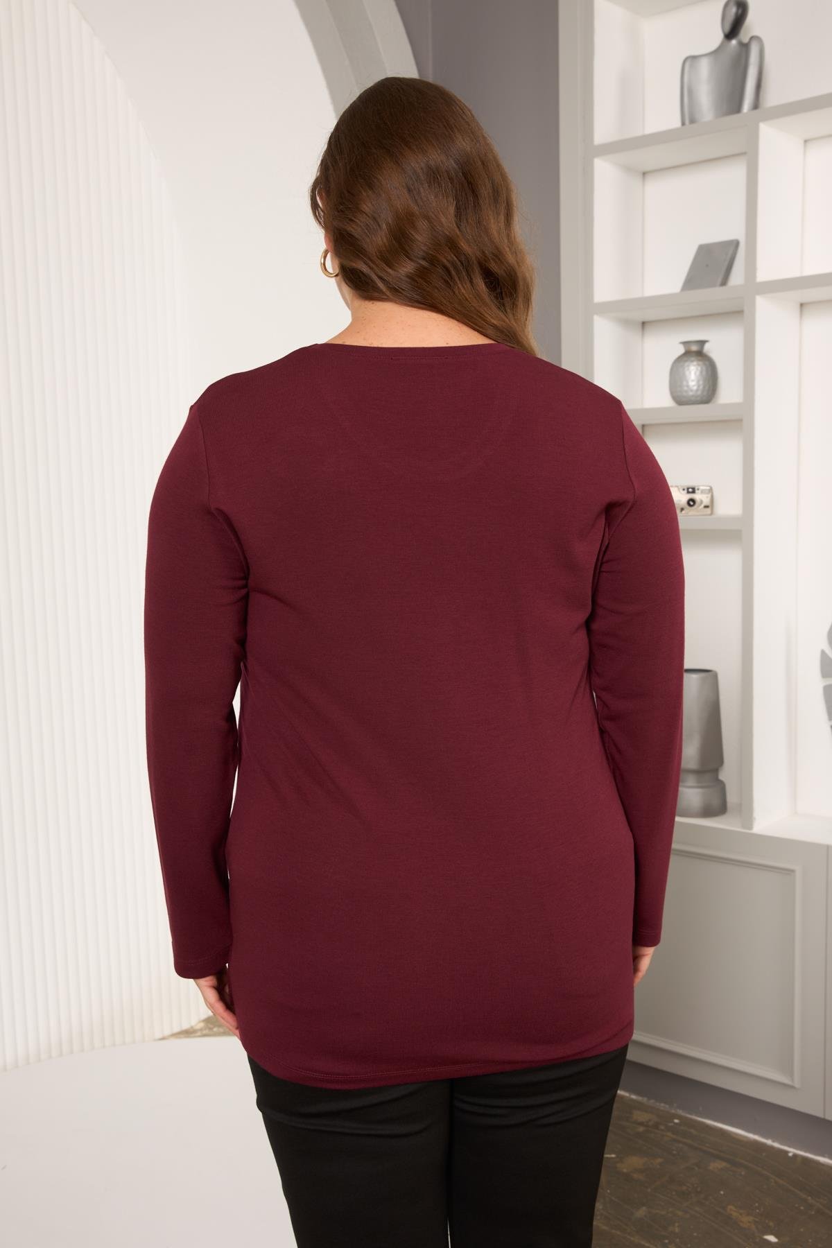 Çember Taş İşlemeli Büyük Beden Bluz Bordo