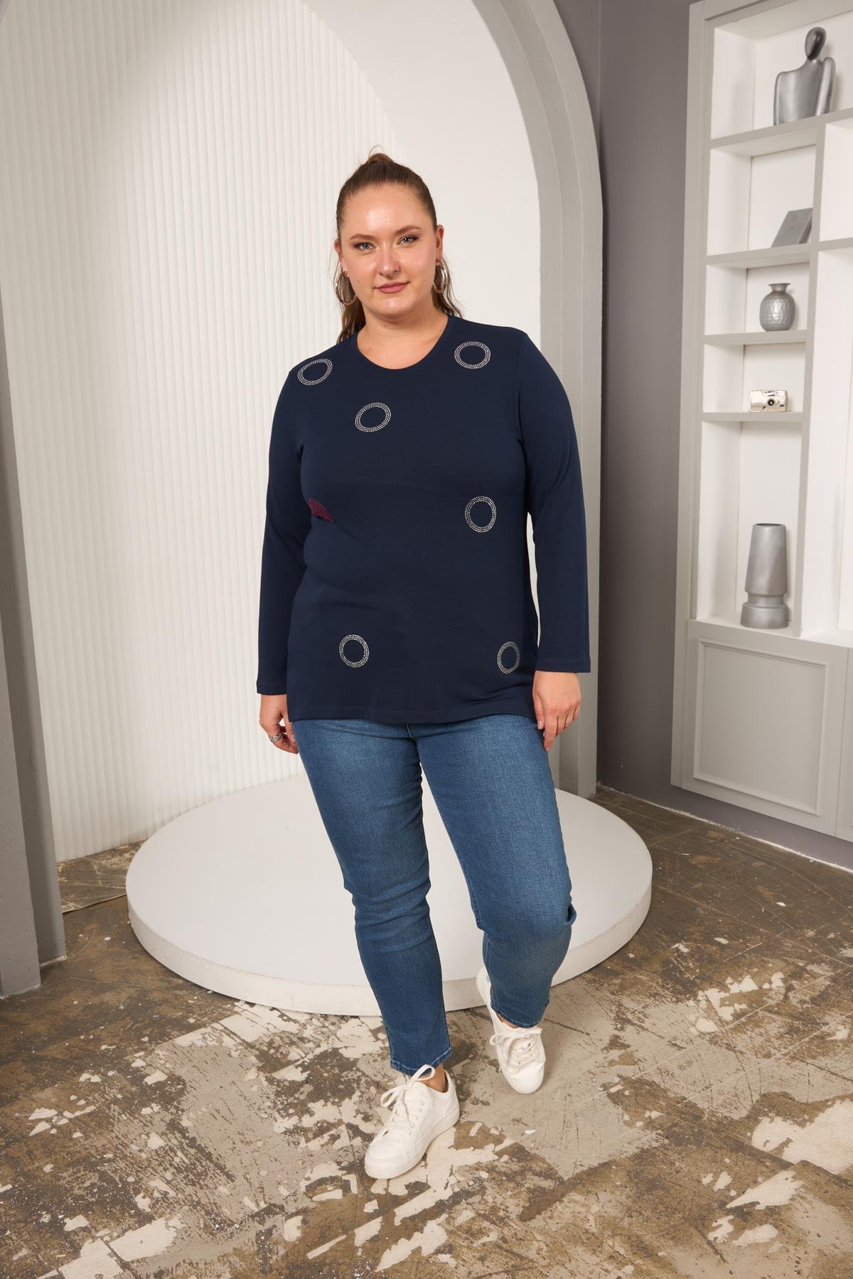 Çember Taş İşlemeli Büyük Beden Bluz Lacivert