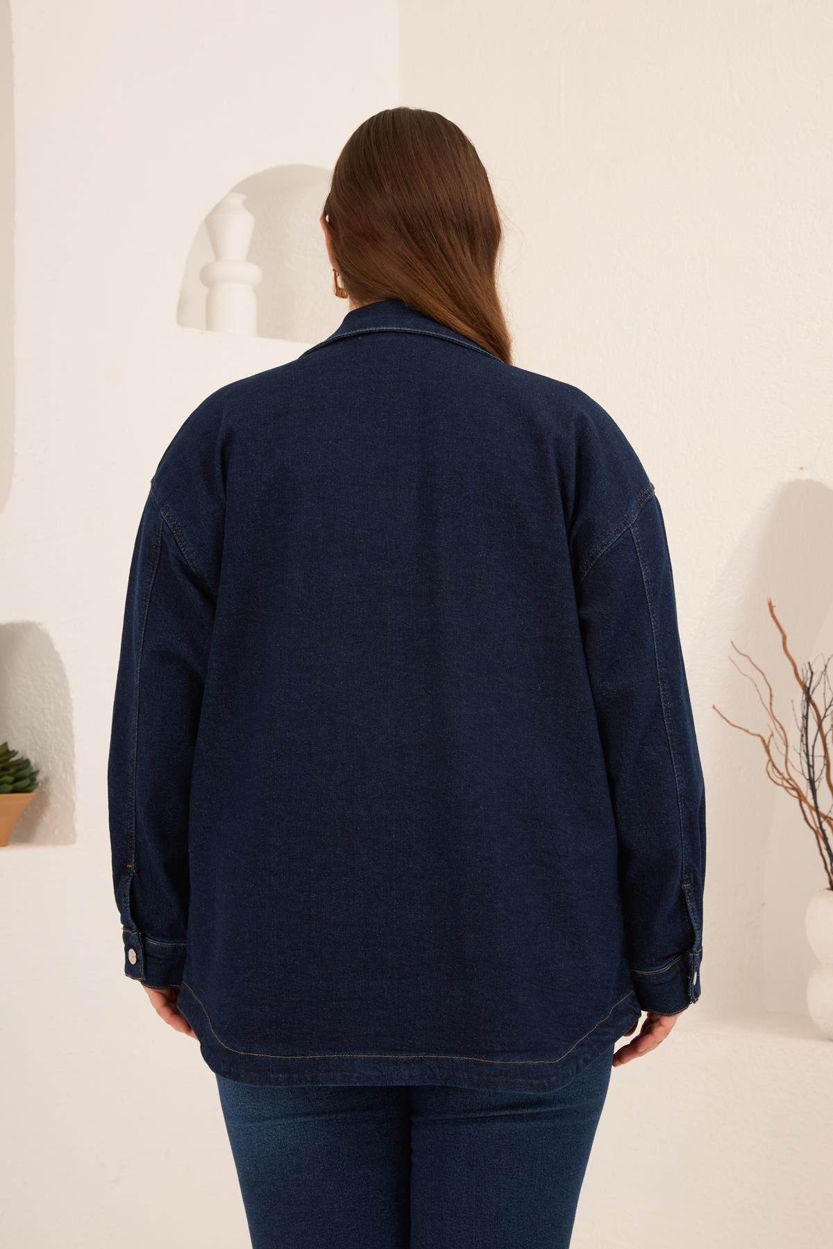 Cep Detaylı Büyük Beden Kadın Kot Ceket Lacivert - RMG