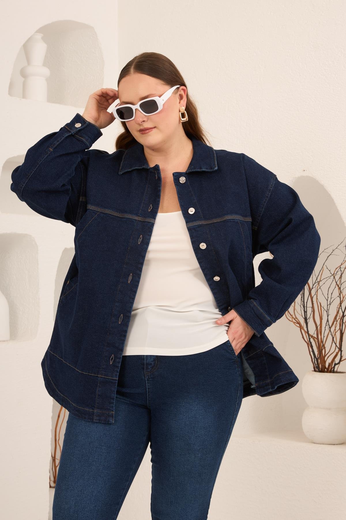 Cep Detaylı Büyük Beden Kadın Kot Ceket Lacivert - RMG