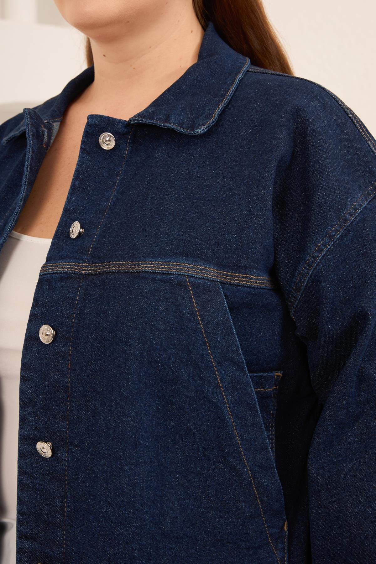 Cep Detaylı Büyük Beden Kadın Kot Ceket Lacivert - RMG