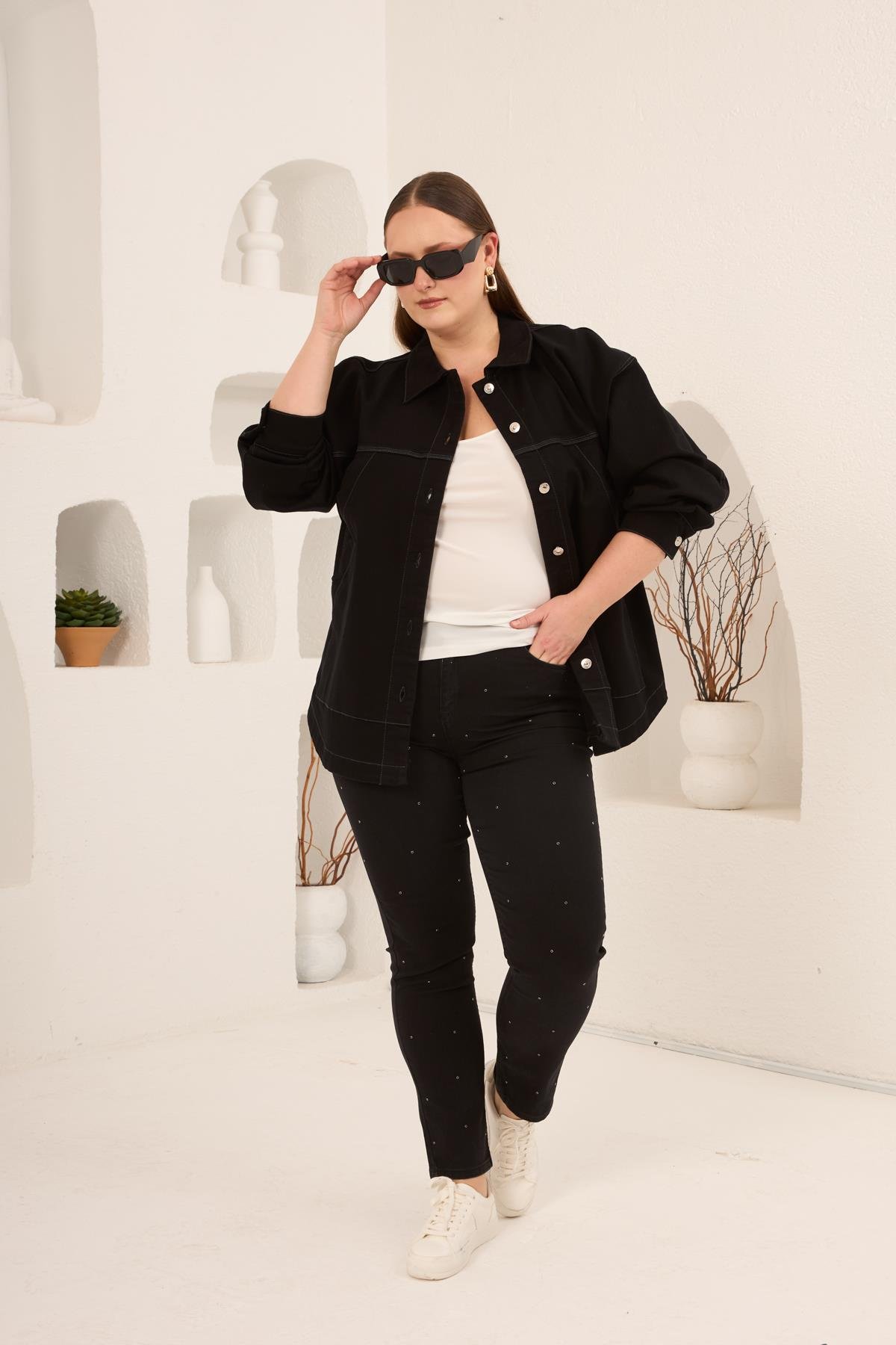 Cep Detaylı Büyük Beden Kadın Kot Ceket Siyah - RMG