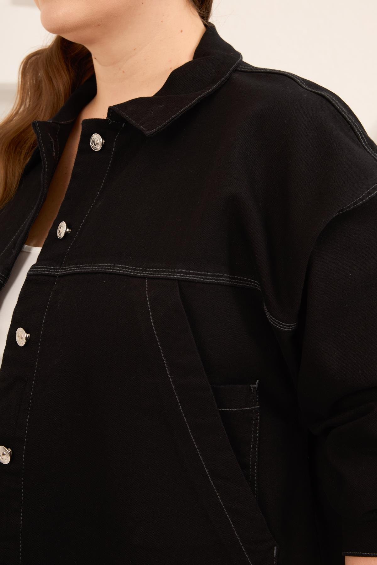 Cep Detaylı Büyük Beden Kadın Kot Ceket Siyah - RMG