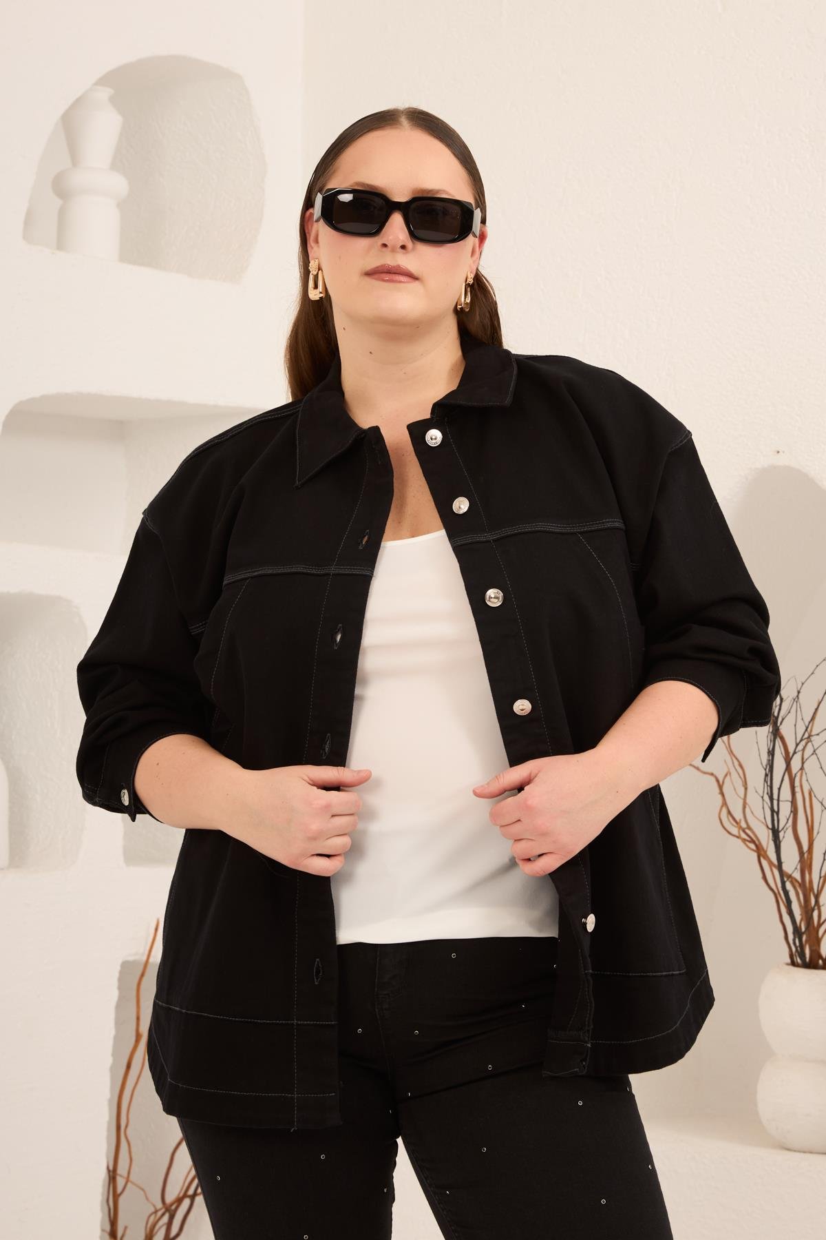 Cep Detaylı Büyük Beden Kadın Kot Ceket Siyah - RMG