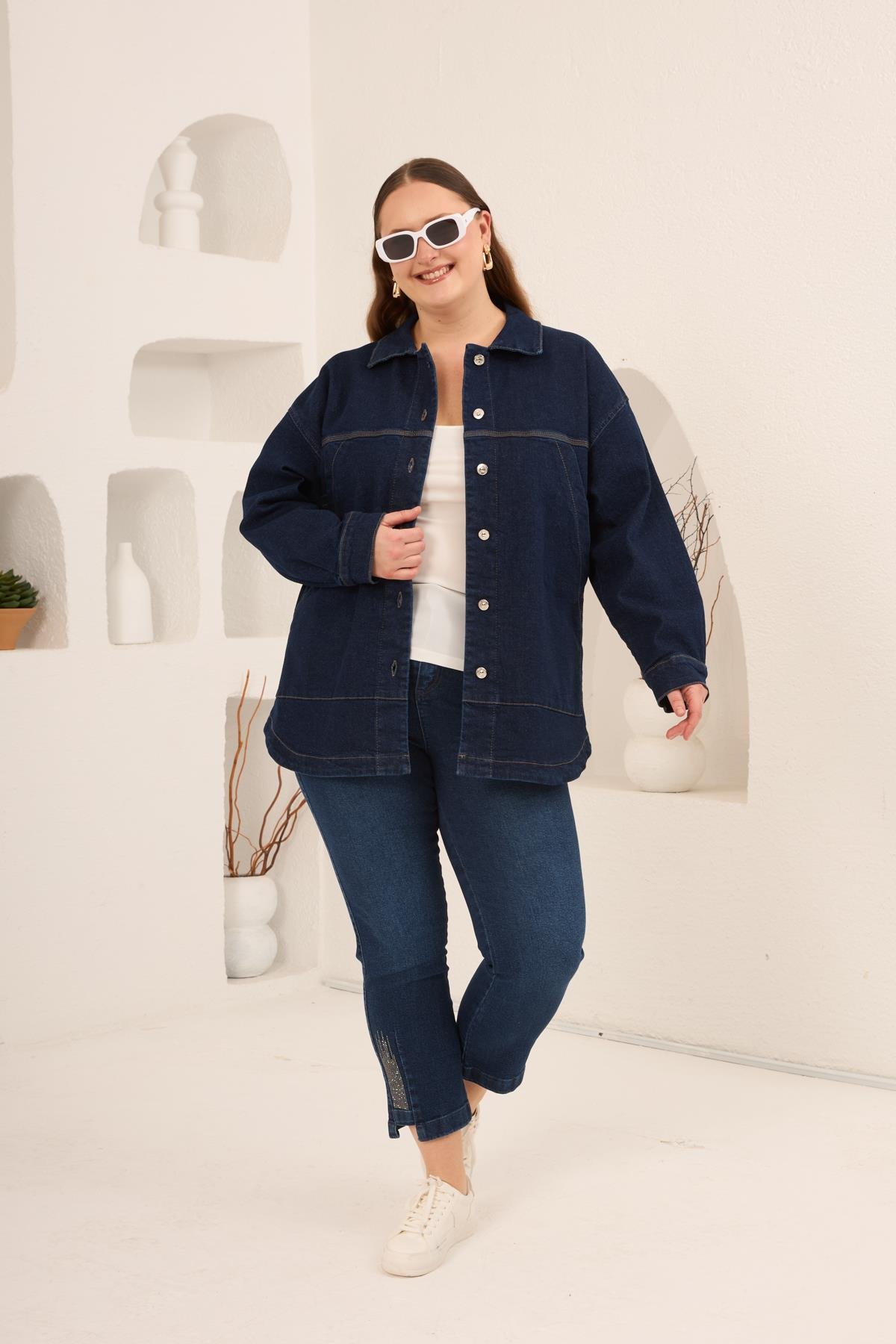 Cep Detaylı Büyük Beden Kadın Kot Ceket Lacivert - RMG