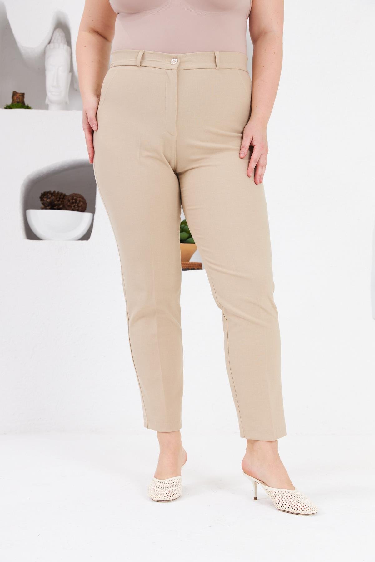 Cep Detaylı Büyük Beden Kumaş Pantolon Krem