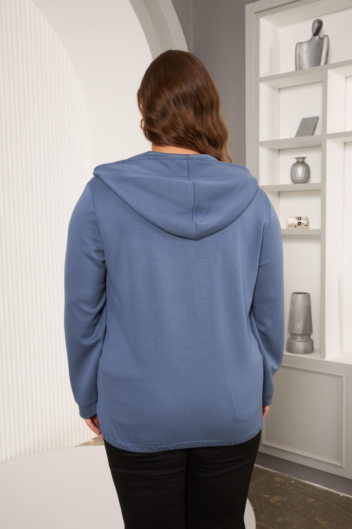 Cep Detaylı Büyük Beden Sweatshirt İndigo